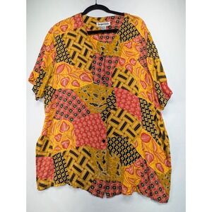 Jacque & KoKo Vintage Patchwork Batik Print Rayon Blouse Mustard Red Plus 14/16